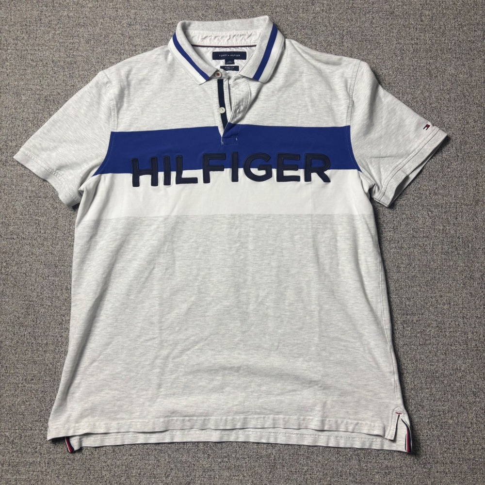 Tommy Hilfiger Polo Shirt Mens Large Stretch Gray Blue Stripe Appliqué Logo